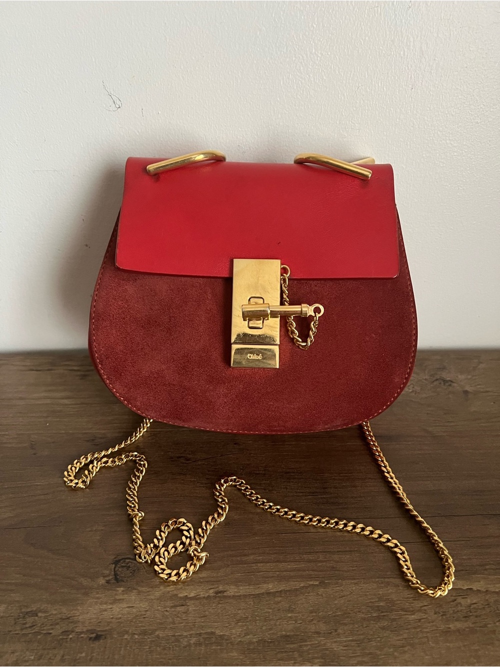 Chloe Drew Red Suede & Leather Crossbody with Gold Hardware